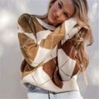 Long Sleeve Argyle Print Loose-fit Sweater Brown - One Size