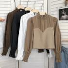 Long-sleeve Frill Trim Textured Panel Cropped Blouse