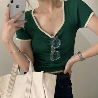 Short-sleeve Color Panel Knit T-shirt