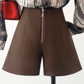 High-waist Plain Zip Wide Leg Shorts