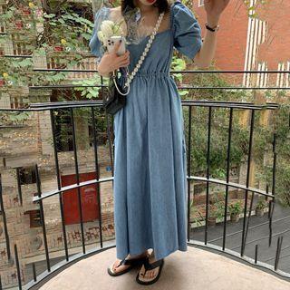 Puff-sleeve Square Neck Denim Midi A-line Dress Blue - One Size