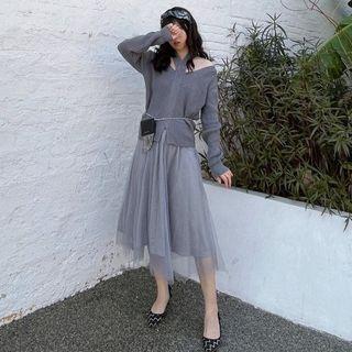 Spaghetti Strap Sequined Midi -line Mesh Dress / Sweater