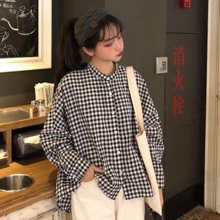 Gingham Band-neck Shirt Plaid - Black & White - One Size