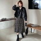 Faux Leather Jacket / Floral Printed Long-sleeve Dress