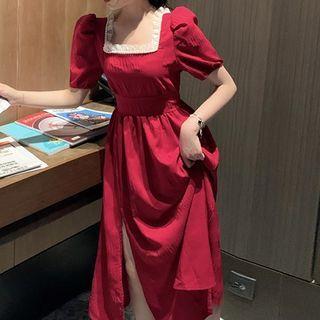 Lace Trim Square-neck Short-sleeve Slit Midi A-line Dress