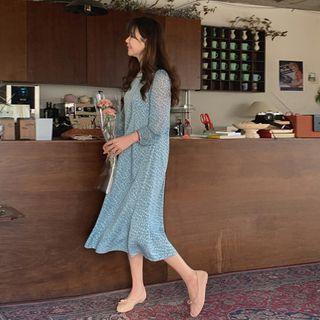 Lace-trim Pintuck Floral Long Dress
