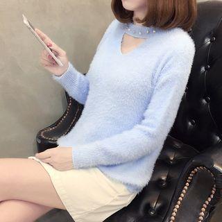 Faux Pearl Accent Cutout Furry Sweater