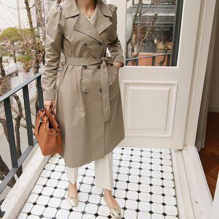 Double-breasted Puff-shoulder Long Trench Coat