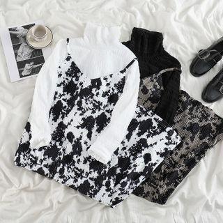 Long-sleeve Turtleneck Top / Spaghetti Strap Tie Dye Midi Dress