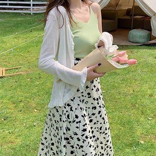 Plain Camisole Top / Ruffle Trim Cardigan / Floral Midi A-line Skirt / Set
