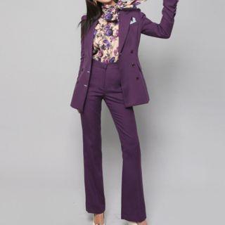 Set: Plain Double-breasted Blazer + Boot-cut Pants