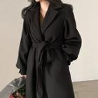 Notch Lapel Tie-waist Midi Coat Black - One Size