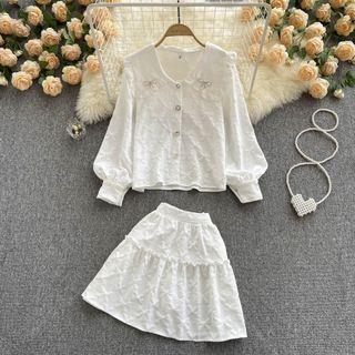 Set Of 2 : Peter Pan Collar Color Panel Bow Shirt + High-waist A-line Skirt