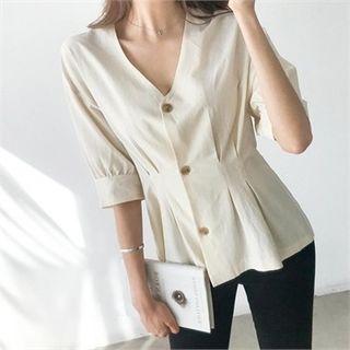 V-neck Puff-sleeve Peplum Blouse