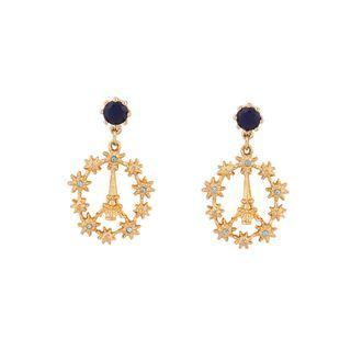 Fashion And Simple Plated Gold Paris Tower Flower Circle Earrings With Dark Blue Cubic Zirconia Golden - One Size