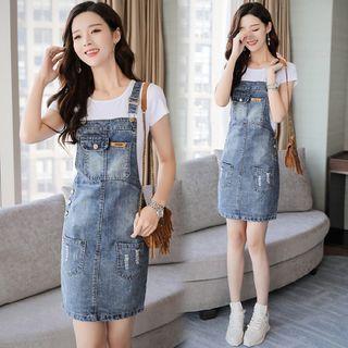 Plain Short-sleeve T-shirt / Distressed Denim Jumper Dress / Set