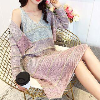 Set: Sleeveless Midi Knit Dress + Cardigan As Shown In Figure - One Size