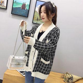 Plaid Contrast Trim V-neck Cardigan