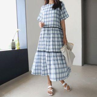 Short-sleeve Plaid Tiered Maxi Dress