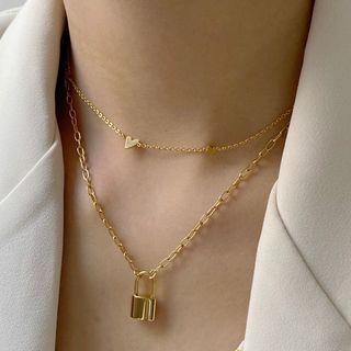 Stainless Steel Padlock Pendant Necklace E95 - Gold - One Size