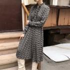 Print Ruffle-trim Long-sleeve Midi A-line Dress