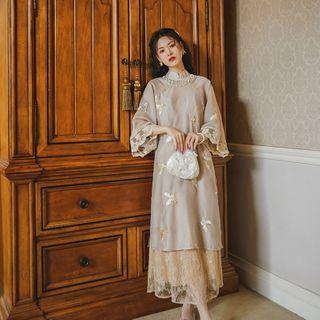 3/4-sleeve Lace Trim Qipao / Lace Panel Midi A-line Tank Dress