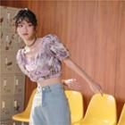 Floral Puff-sleeve Cropped Blouse Pink - One Size
