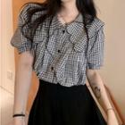 Short-sleeve Gingham Button-up Blouse Gingham - Black & White - One Size