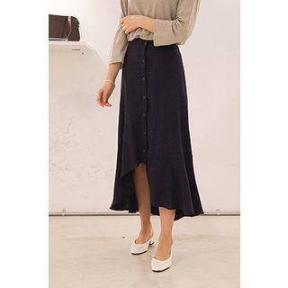 Dip-back Buttoned Linen Blend Long Skirt