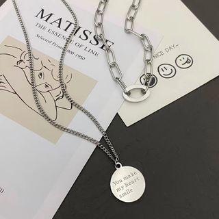 Lettering Pendant Layered Stainless Steel Necklace Set - Silver - One Size