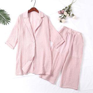 Set: 3/4-sleeve Button Jacket + Wide Leg Pants
