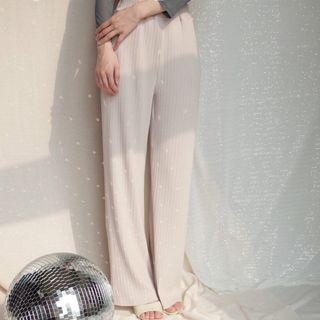 Rib-knit Wide-leg Pants Beige - One Size
