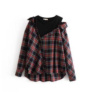 Cold-shoulder Asymmetric Inset Gingham Shirt