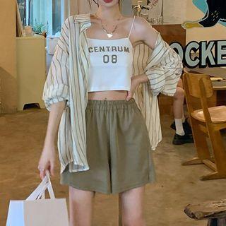 Striped Shirt / Lettering Cropped Camisole Top / Wide Leg Shorts