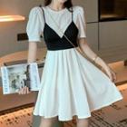 Set: Short-sleeve Mini A-line Dress + Camisole