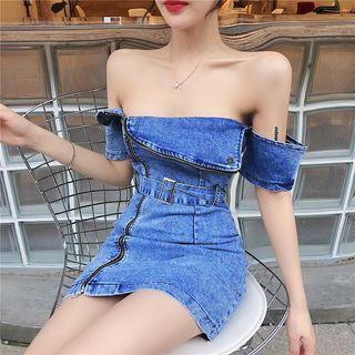 Off-shoulder Zip Detail Denim Sheath Dress