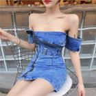 Off-shoulder Zip Detail Denim Sheath Dress