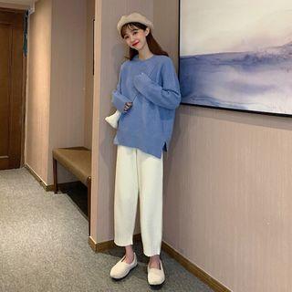 Long-sleeve Plain Split Knit Top / High-waist Plain Knit Pants