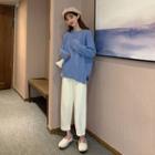 Long-sleeve Plain Split Knit Top / High-waist Plain Knit Pants