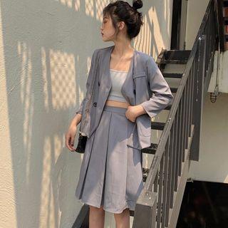 V-neck Double-breasted Jacket / High Waist A-line Skirt
