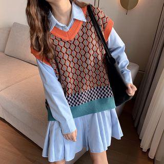Patterned Knit Vest / Pocket Detail Shirt Dress