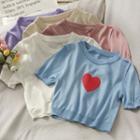 Short-sleeve Heart-print Crop Knit Top In 5 Colors