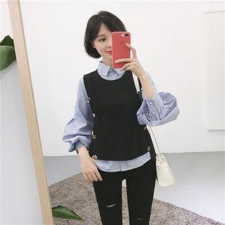 Puff-sleeve Striped Blouse / Buttoned Vest