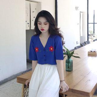 Flower Embroidered Short-sleeve Cardigan / Loose-fit Jogger Pants