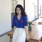 Flower Embroidered Short-sleeve Cardigan / Loose-fit Jogger Pants