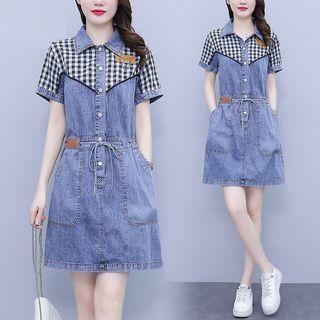 Short-sleeve Plaid Panel Denim Mini Shirt Dress