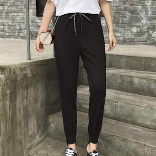 Set: Cutout Shoulder Lettering Short-sleeve T-shirt + Drawstring Pants