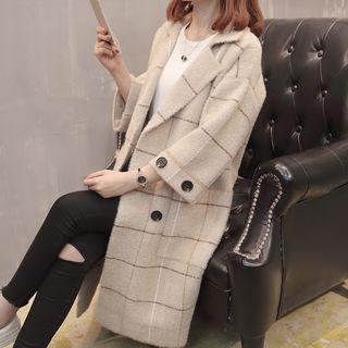 3/4-sleeve Double Breasted Plaid Coat