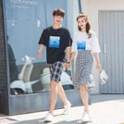 Couple Matching Print Short-sleeve T-shirt / Shorts / Check Midi Skirt