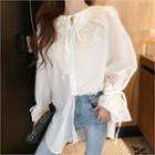 Lace-collar Tie-sleeve Long Blouse Ivory - One Size
